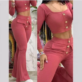 Uveng Uveng Summer 2024 Elegant U-Neck Button Nine-Point Sleeve Top With Waist Pocket Design Bell-Bottom Suit