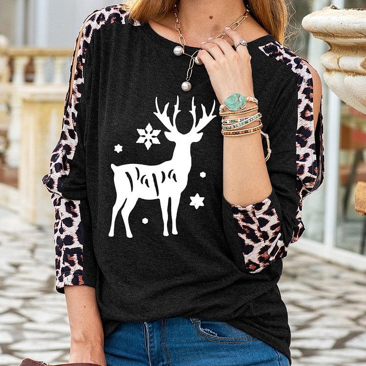Christmas Elk Print Leopard Print Colorblock T-shirt-luchamp:luchamp