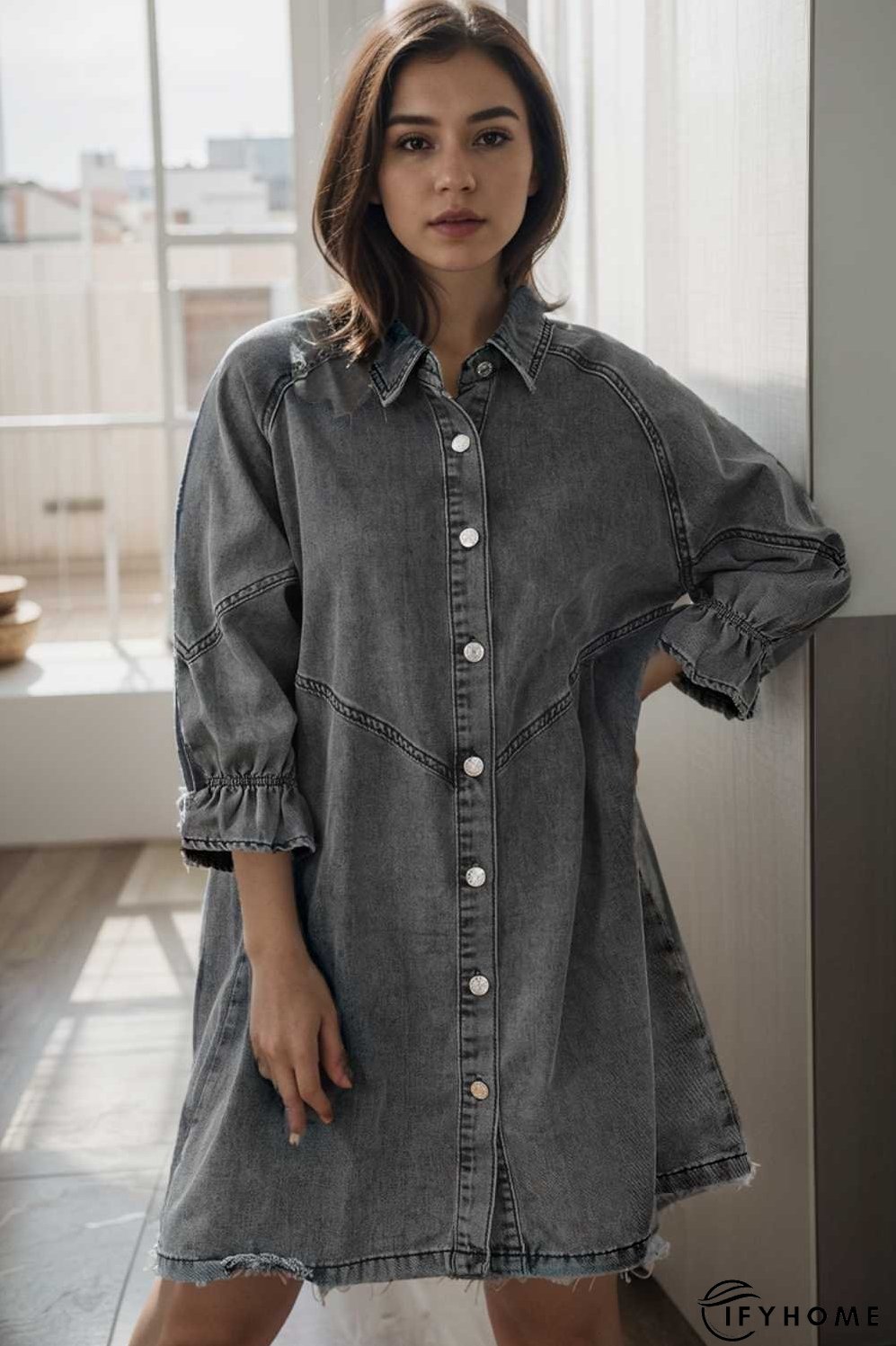 down loose short sleeve denim jean dress drop shoulder a line paneled peasant closed bateau v neck dress | IFYHOME