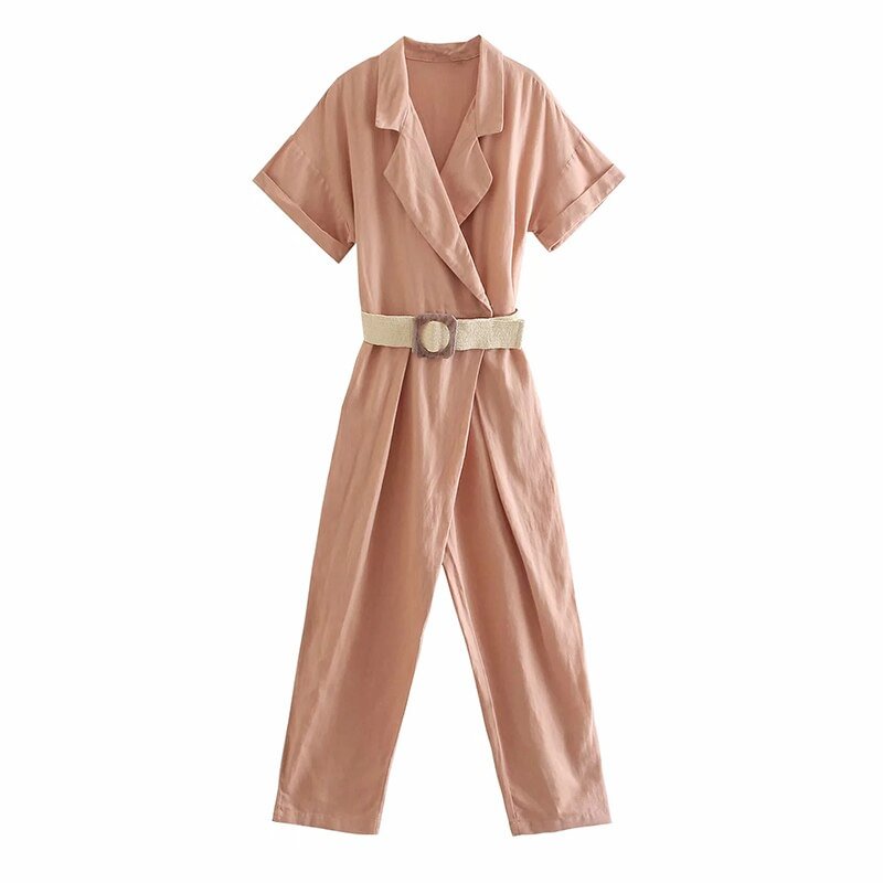 TRAF Women Chic Fashion With Belt Linen Jumpsuit Vintage Short Sleeve Side Pockets Female Playsuits Mujer