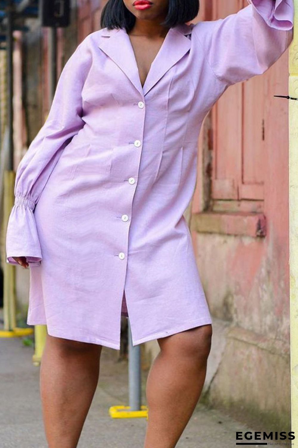 Purple Fashion Casual Solid Patchwork Turndown Collar A Line Plus Size Dresses | EGEMISS