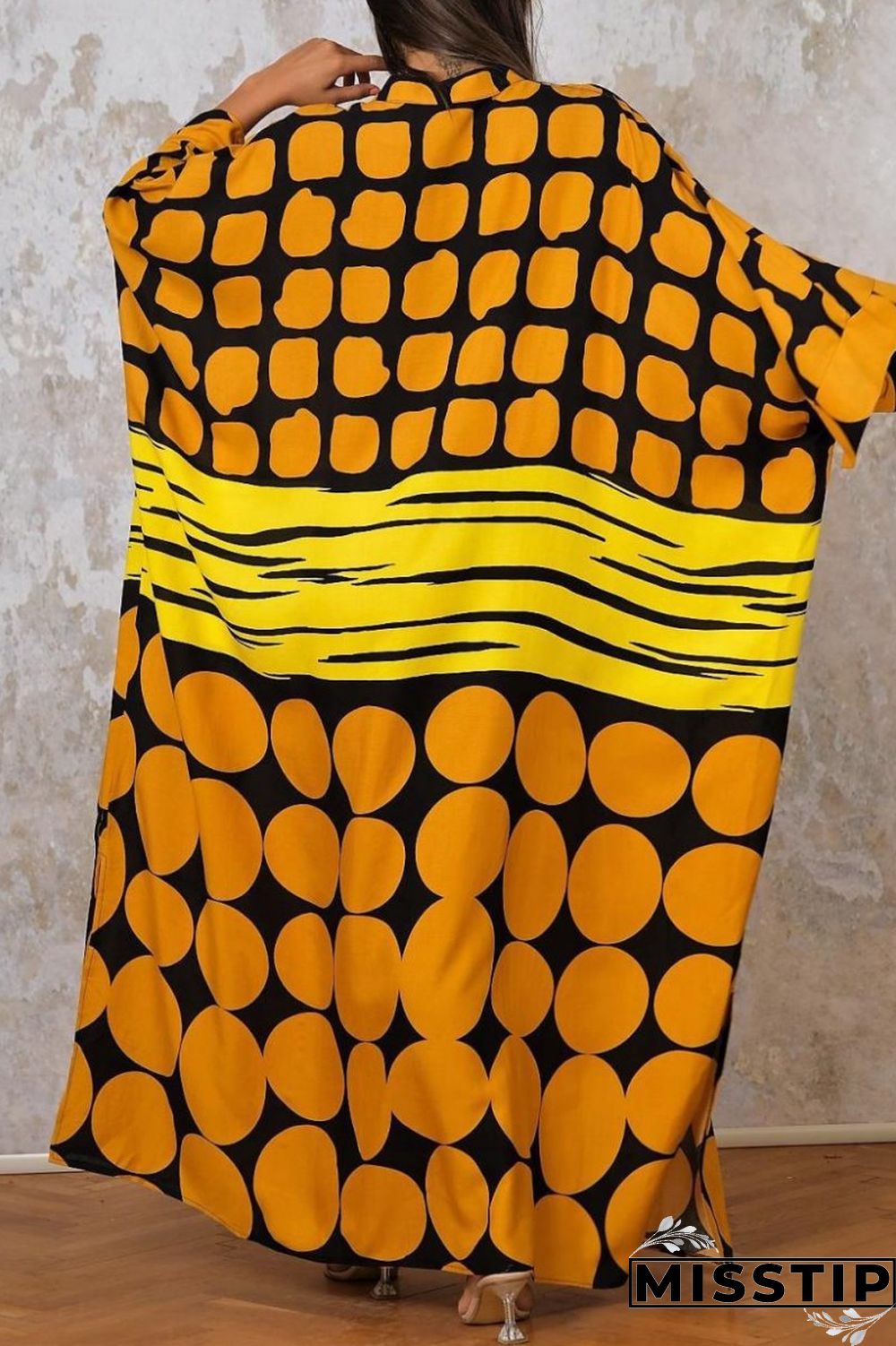 Yellow Casual Print Patchwork O Neck Long Dress Dresses