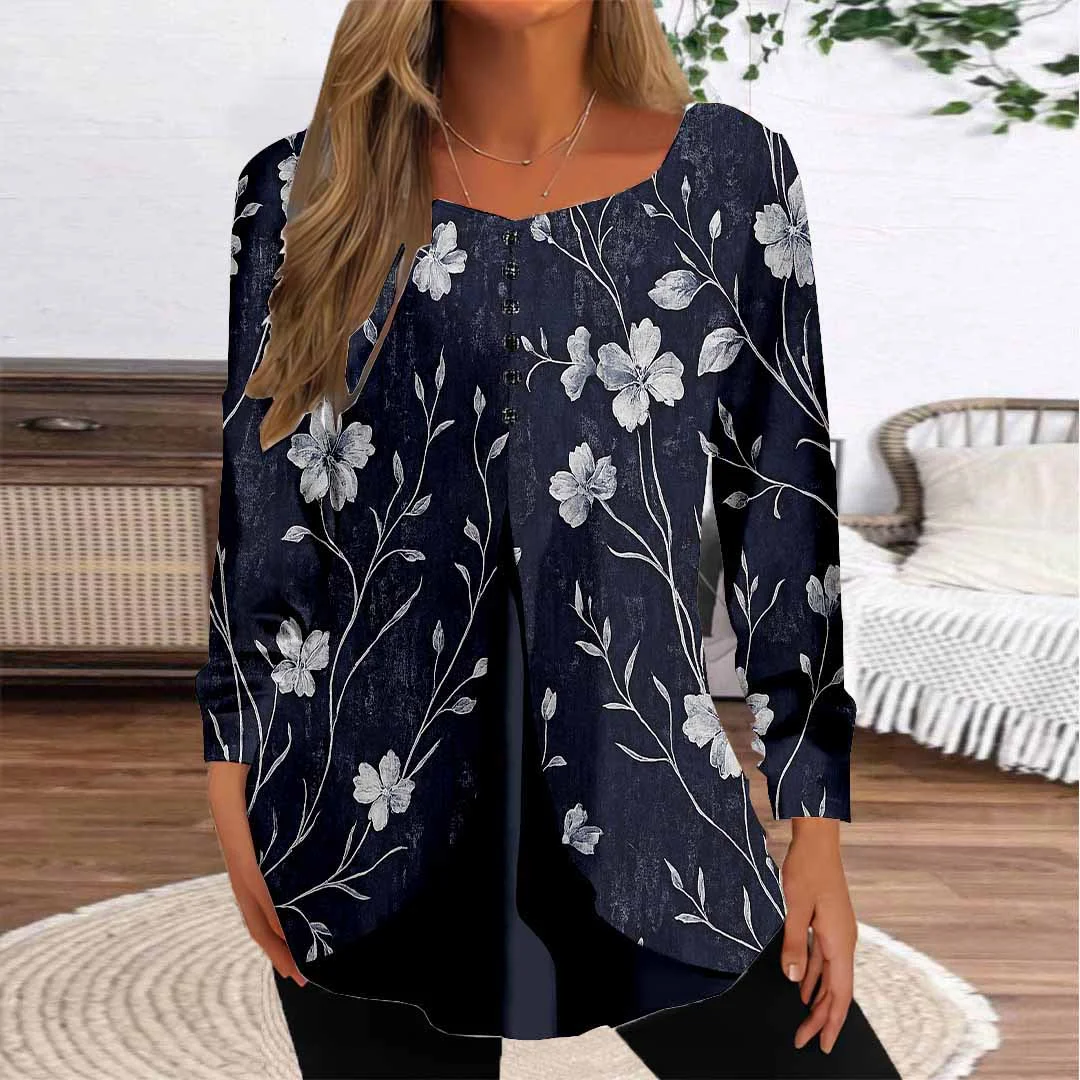 Women Floral,Blue DZGG8298 Long Sleeve Scoop Neck Printed Graphic Button Fake 2in1 Tops