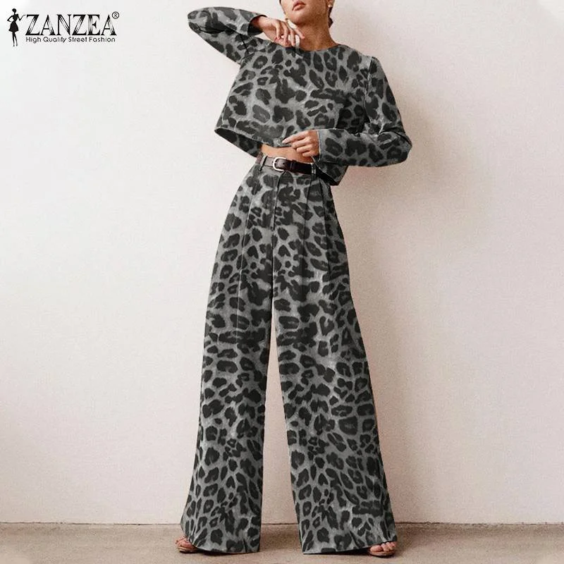 2PC Fashion Leopard Printed Sets ZANZEA Women's Autumn Long Sleeve Matching Sets Casual Loose Urban Tracksuit Wide Leg Pant Sets