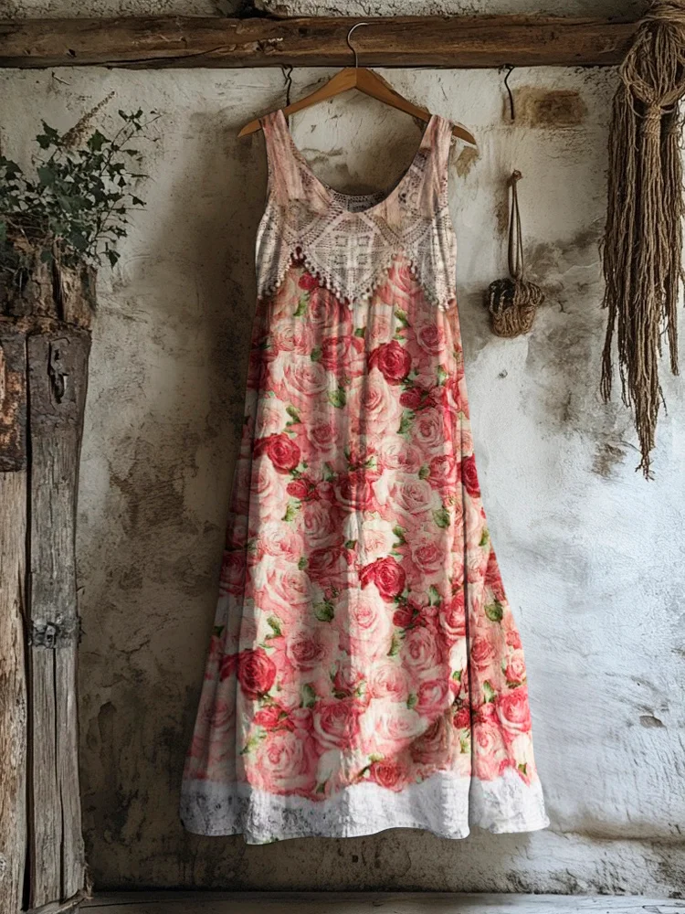 Vintage Rose Lace Patchwork Trim Women's Linen Vest Dress