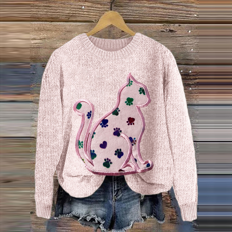 Comstylish Cat's Paw Cat Patchwork Embroidery Art Crew Neck Cozy Sweater