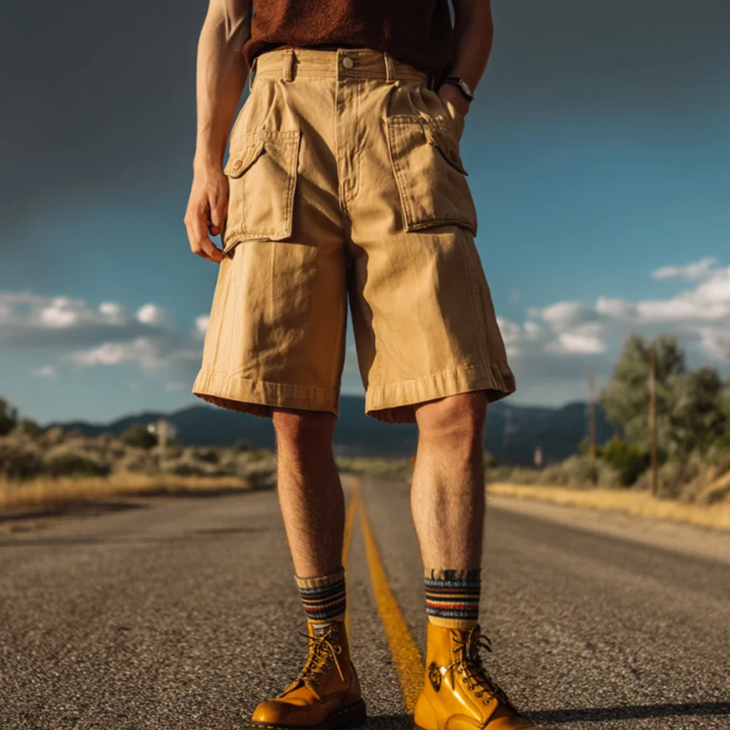 Casual Khaki Cargo Shorts with Brown Boots