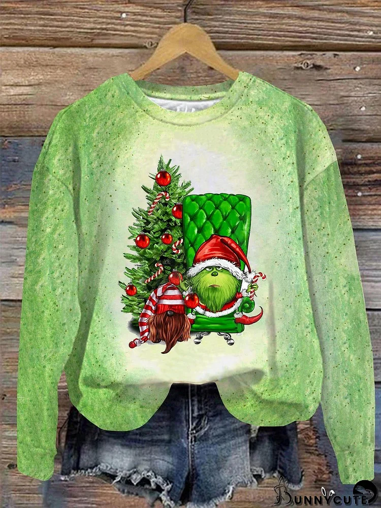 Women's Green Christmas Gnomes And Dog Gnome Print Sweatshirt