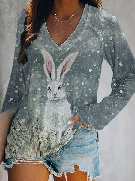 Women's Easter cute Bunny Art Print Casual Tee Shirt