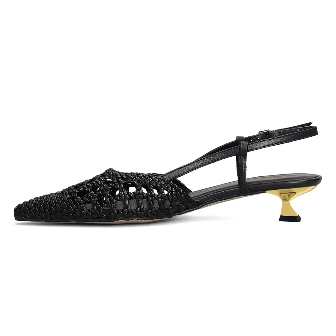 Pointed Toe Woven Cut-Out Slingback Kitten Heel Pumps in Black