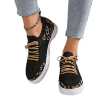 Yyvonne Women 2025 New Leopard Round Head With Flat-Soled Mesh Casual Sports Women's Single Shoes