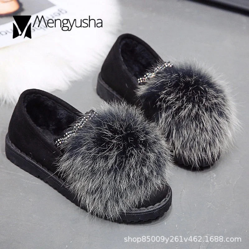 2020 Chic Pompon rabbit fur moccasins femme warm plush winter shoes women crystal pleated cotton flats woman comfy furry loafers