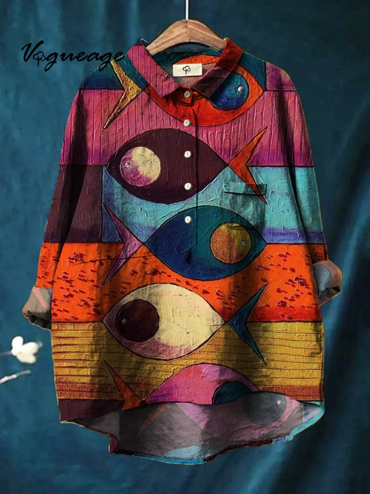 Abstract Line Fish Printed Cotton And Linen Shirt