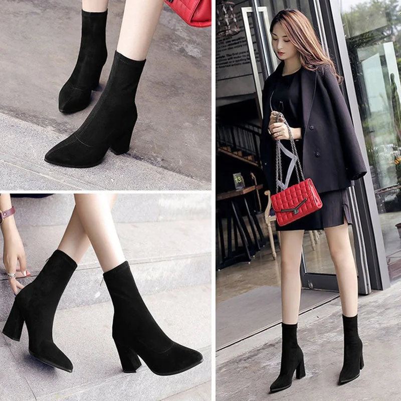 SEGGNICE Women Sock Boots High Heel Ankle Boots Stretch Comfortable Spring Autumn Shoes
