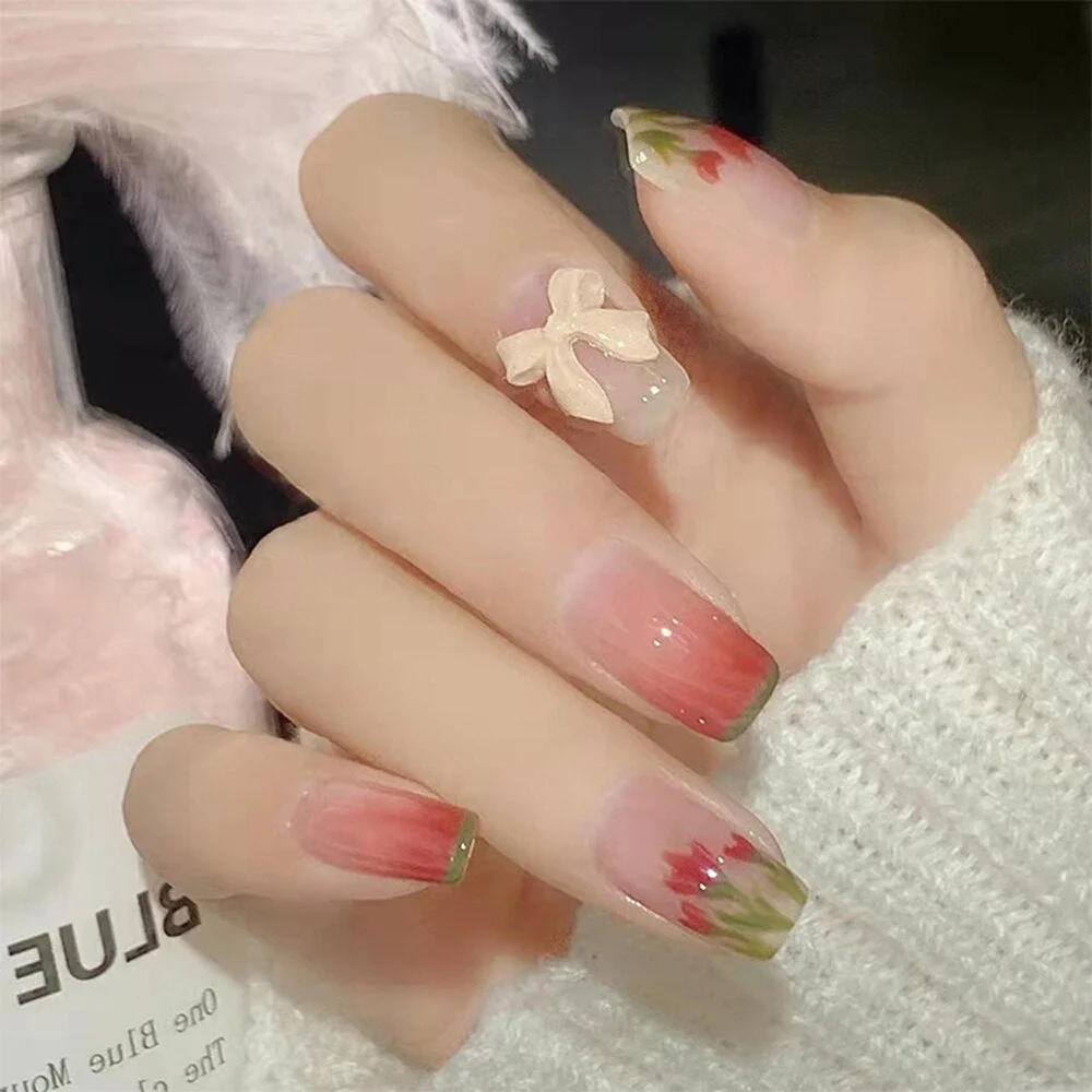 24pcs Tulip Printed Nail Patch Nude Color Wearable Artificial Fake Nails Full Cover Sweet Nude Pink Nail Tips Art Accessories-Nail Inspo