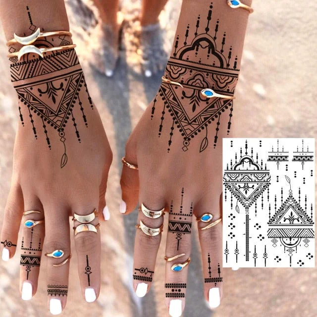 REJASKI Black Henna Lace Temporary Tattoos Sticker For WOmen Butterfly Moth Mehndi Flower Fake Tatoo Sticker Feather Flora Tatoo