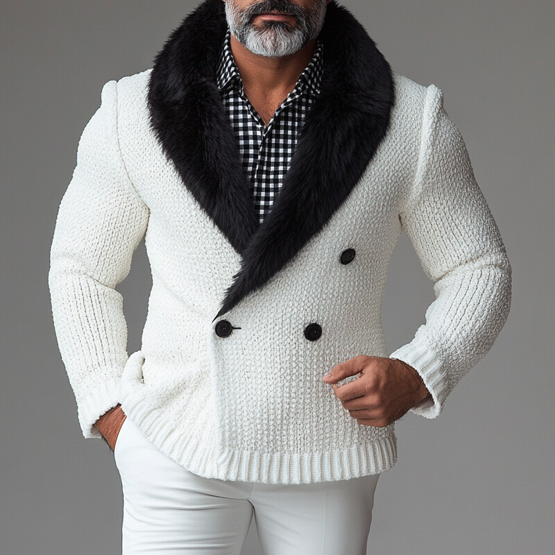 Men's Knit Plush Shawl Lapel Double Breasted Long Sleeve Jacket