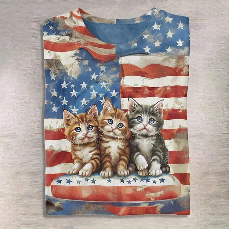 Retro Three Cute Kittens American Flag Print Short Sleeve T-Shirt