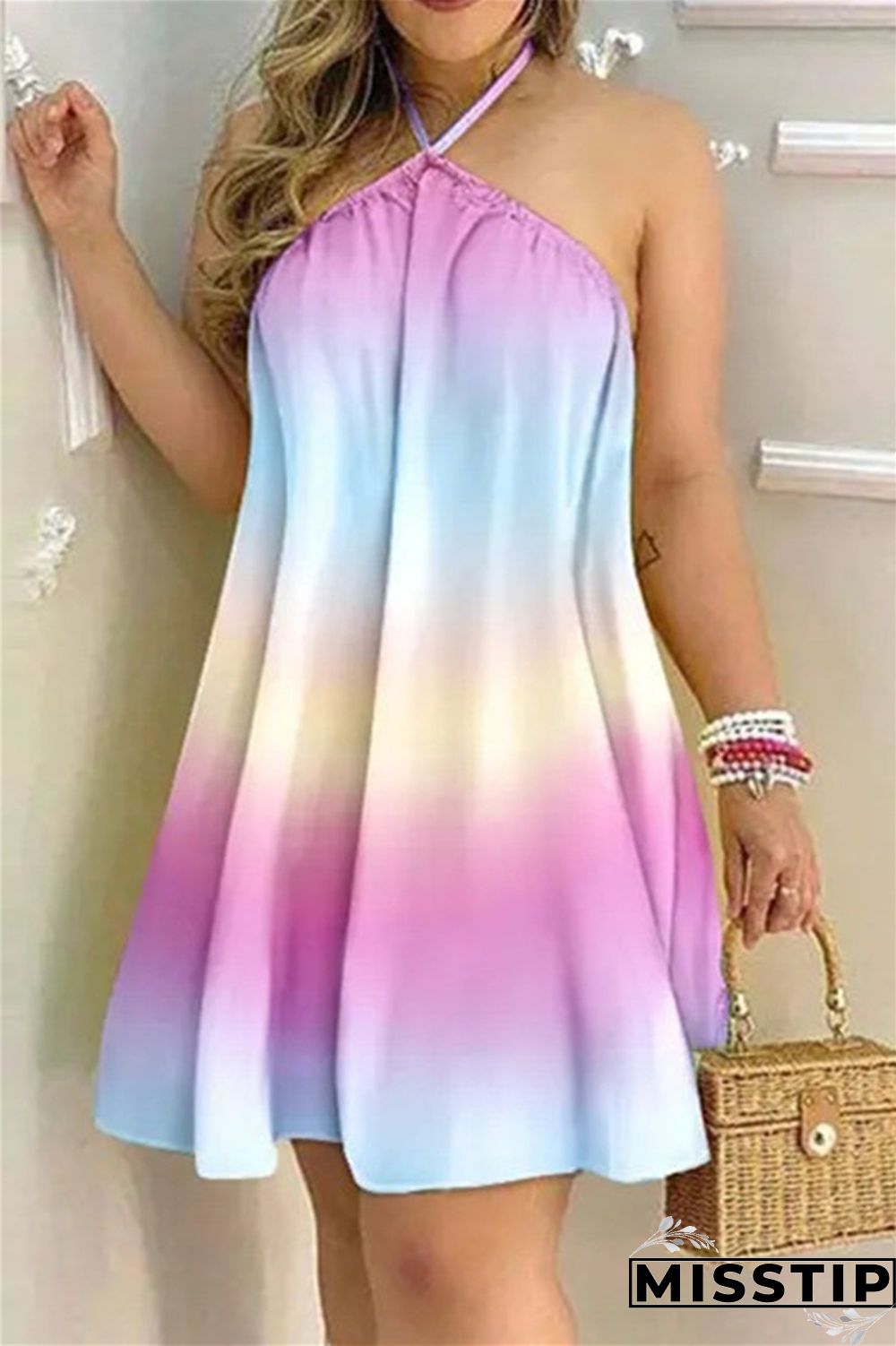 Gradient Color Fashion Casual Print Bandage Backless Halter Sleeveless Dress Dresses