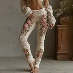Women's Vintage Rose Floral Art Cozy Knit Leggings - Image 2