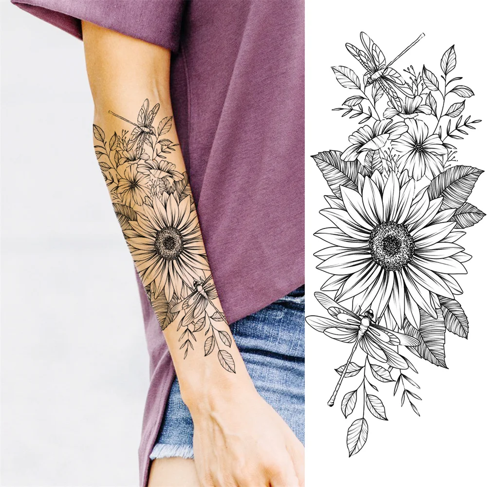 Sdrawing Sunflower Butterfly Temporary Tattoos For Women Adult Rose Flower Moon Fake Tattoo Arm Body Art Decoration Tatoo Paper