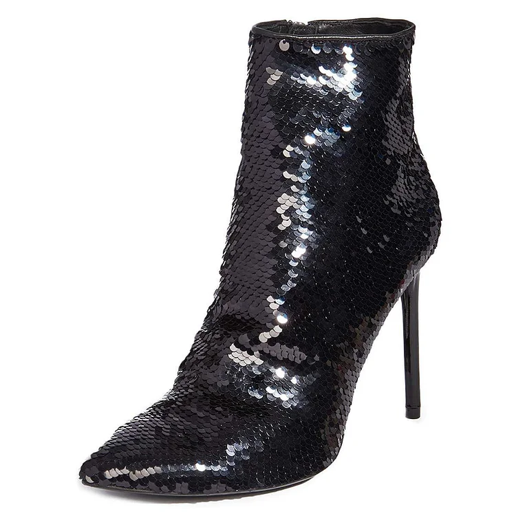 Black Sequined Boots Stiletto Heel Ankle Boots |FSJ Shoes