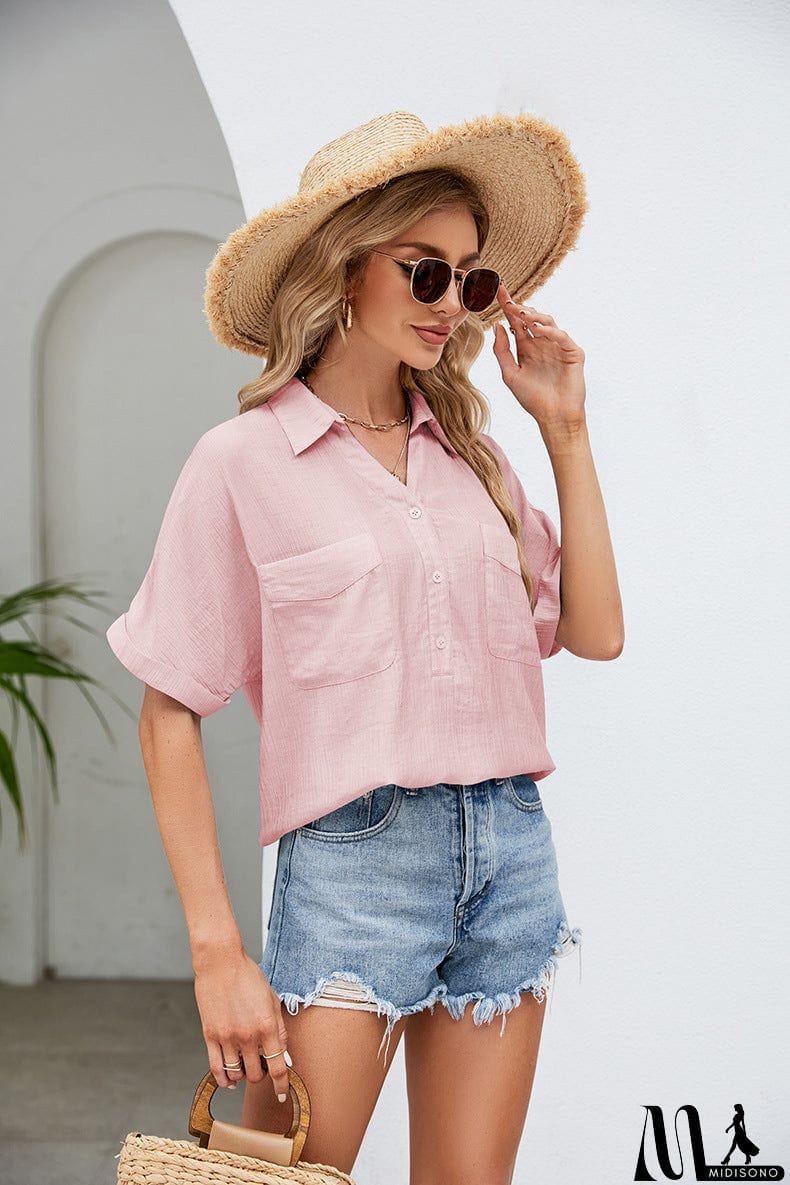 MidiSono - Half Button Johnny Collar Blouse