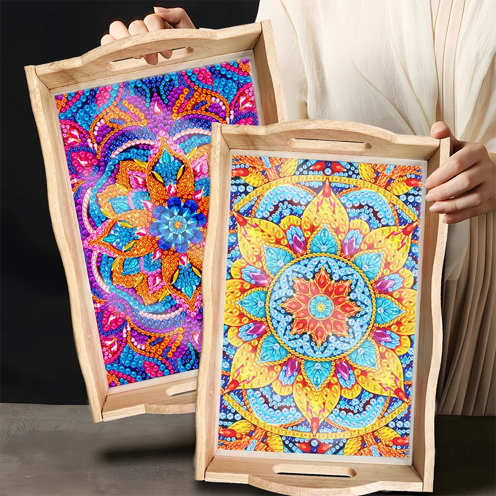 DIY Mandala Diamond Painting Decorative Trays with Handle Coffee Table Tray for Serving Food