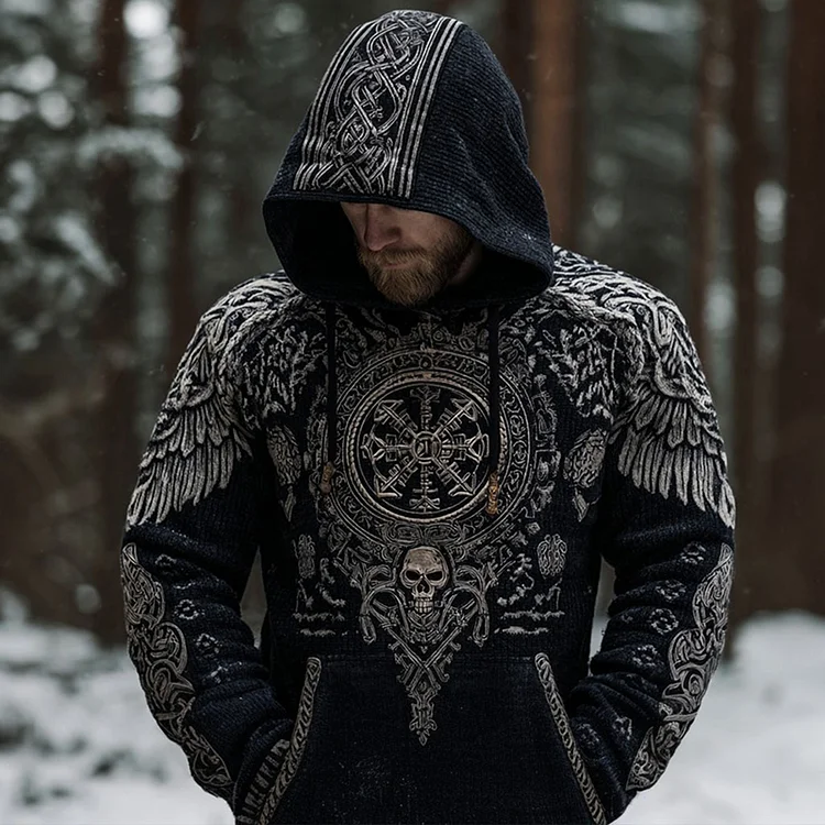 Men's Retro Viking Rune And Skull Wing Art Pattern Warm Hooded Sweater