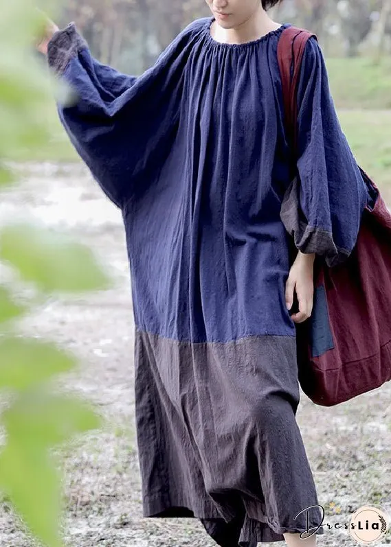 Vintage Colorblock Cinched Patchwork Maxi Dresses Long Sleeve
