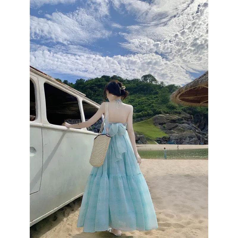 Churchf Churchf Wind Letter Purple Mint Green Neck Pendant Dress Summer Dopamine Beach Vacation Fairy Dress