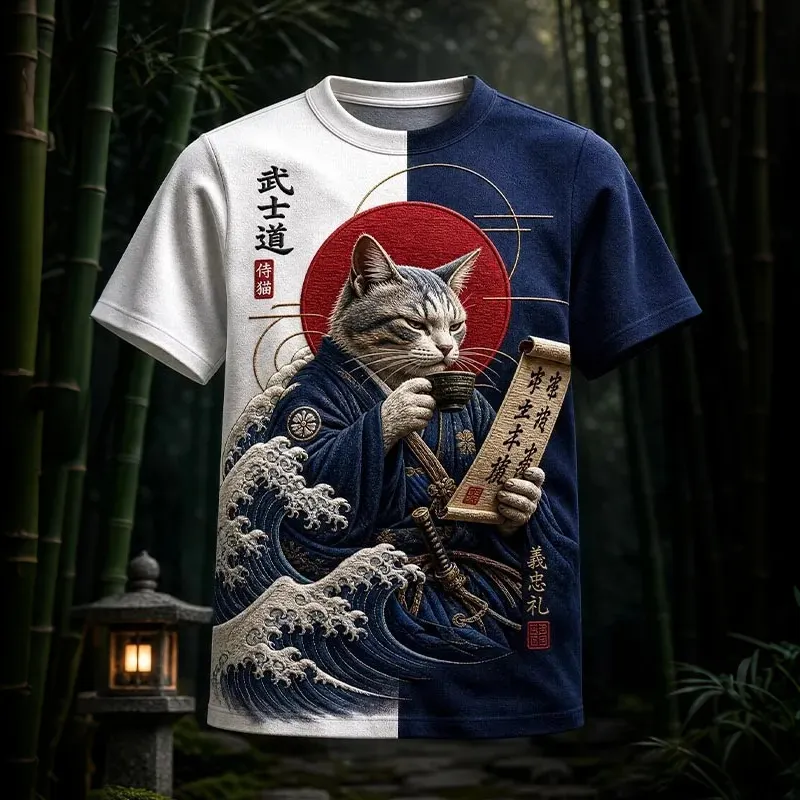 Men's Samurai Cat Wave Color Block Print T-shirt  artssus