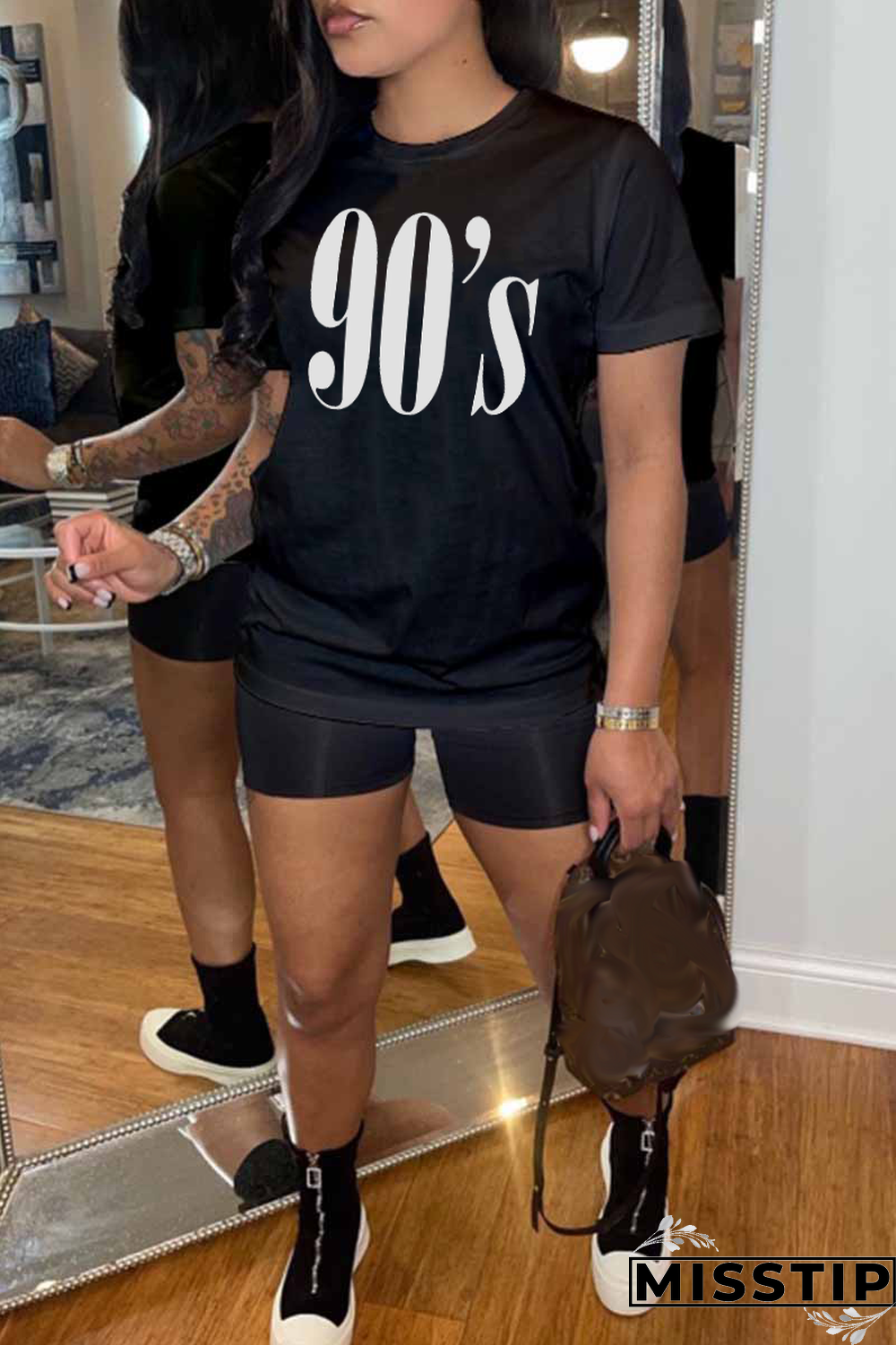 Black Casual Street Print Patchwork O Neck T-Shirts