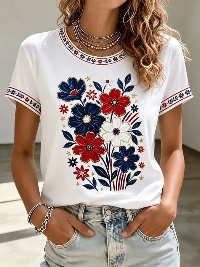 Women's Patriotic Floral Printed Casual T-Shirt 