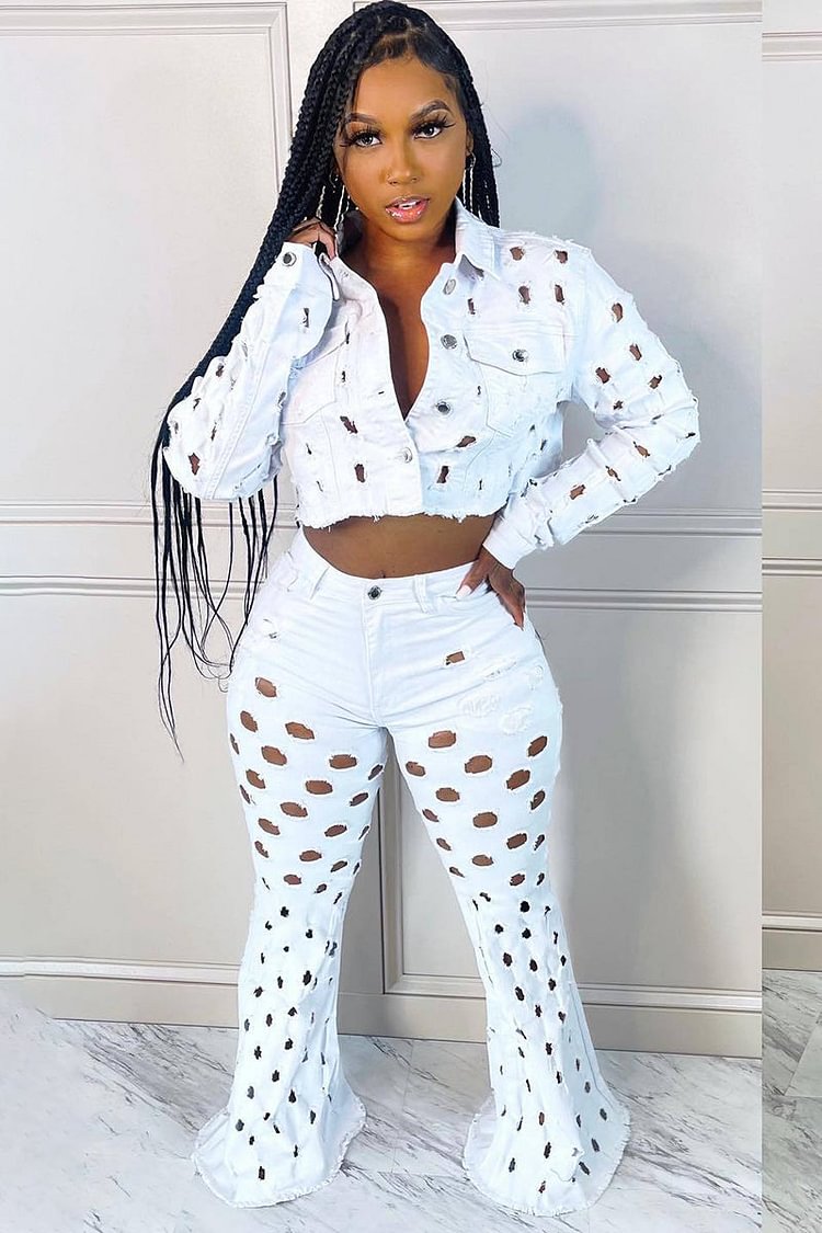 Hollow Out Denim Crop Jacket Flare Leg Pants Two Pieces Set