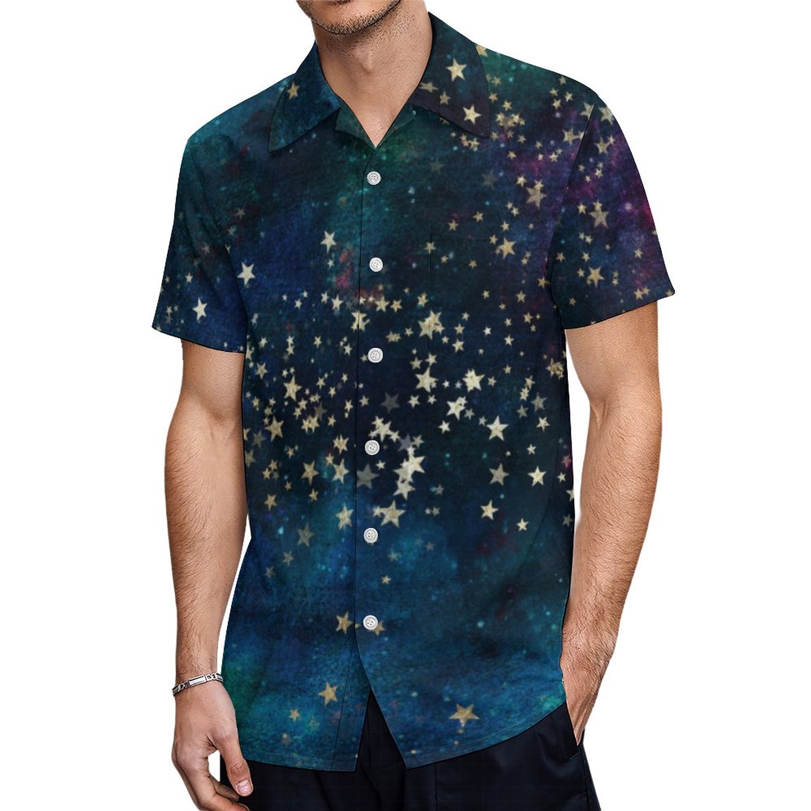 Celestial Sky Gold Stars Hawaiian Shirt Mens Button Down Plus Size Tropical Hawaii Beach Shirts
