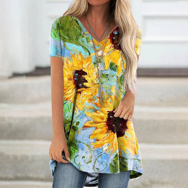 Summer Sunflower Print Short Sleeve T-Shirt