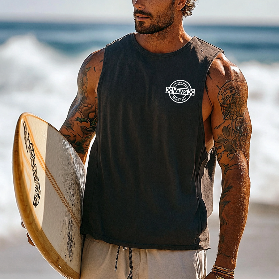  Men's Sleeveless Beach Tank Top with Surfboard Graphic