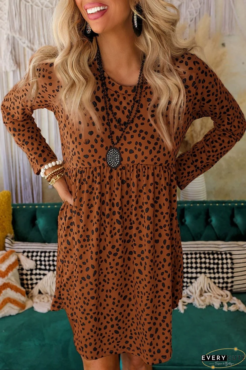 Leopard Print Long Sleeve Mini Dress for Stylish Occasions