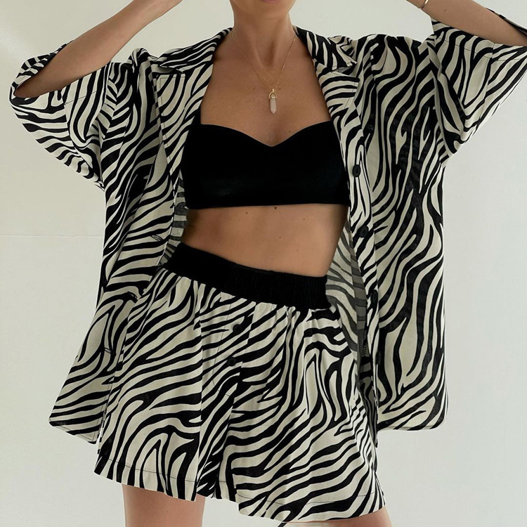 Ootddress Women Two Piece Sets Outfits Zebra Printed Loose Shirt Tops And High Waist Shorts Set 2025 Casual Streetwear Summer New