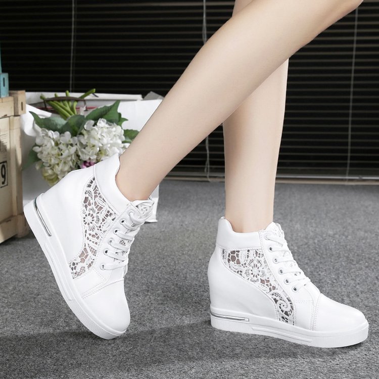 Yyvonne 2022 New Women Wedge Platform Sneakers Rubber Leather High Heels Lace Up Shoes Height Increasing White Thick Bottom 40