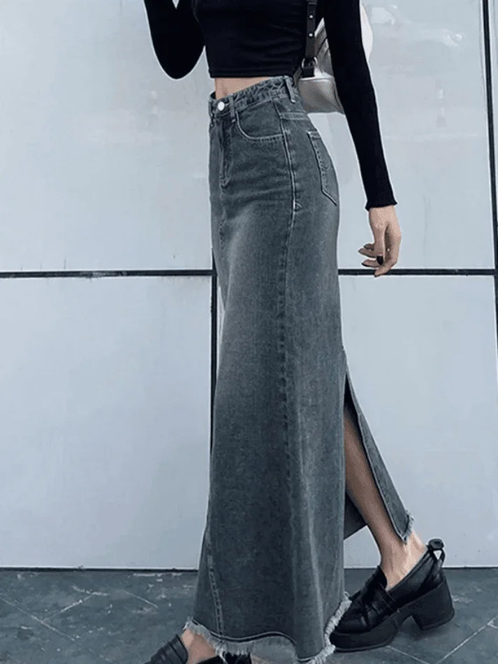 Brownm Back Slit Patchwork Long Denim Skirt