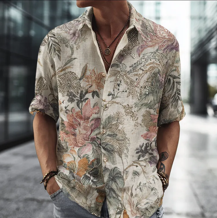 Bohemian Style Plant And Flower Pattern Men's Retro Cotton And Linen Short-sleeve Shirt