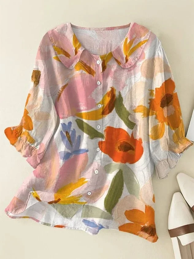 Women's Art Floral Vintage Shawl Collar Casual Buttoned Shirt