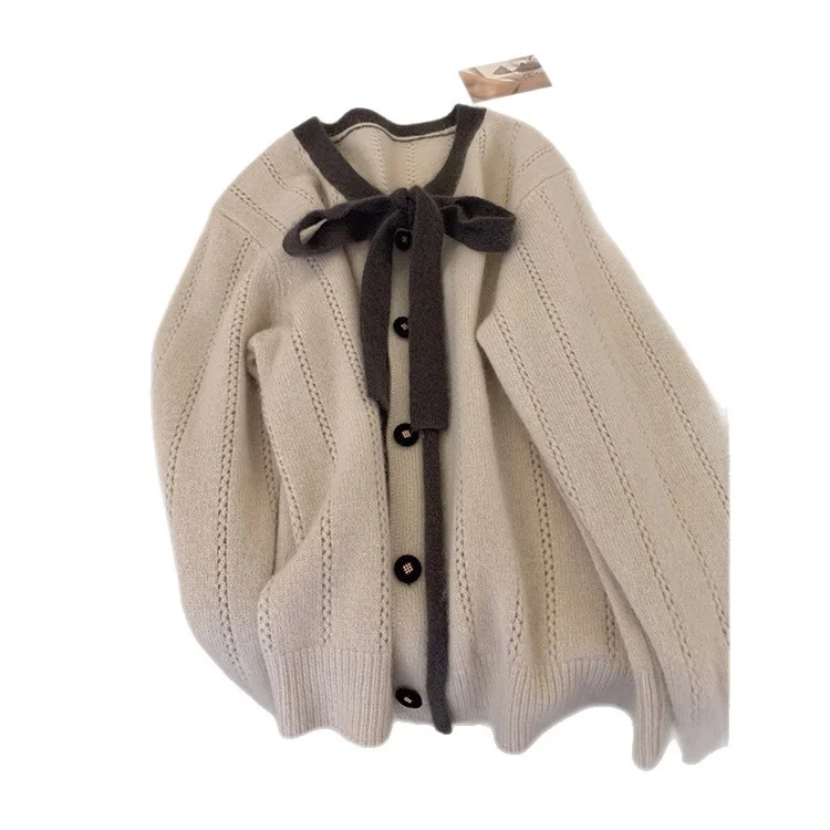 Athvotar Athvotar Goods Heavy Industry Korean Version Of Lazy Wind Apricots Bow Round Knitted Sweater Coat Women's Autumn And Winter 2025 New