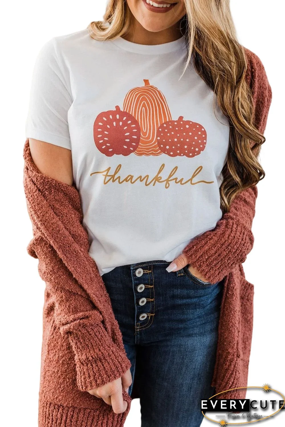 White Thankful Pumpkins Graphic Print Crew Neck T Shirt