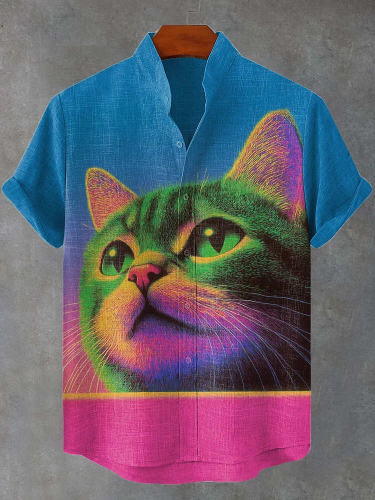 Men's Cat Neon Pop Art Print Short Sleeve Shirt