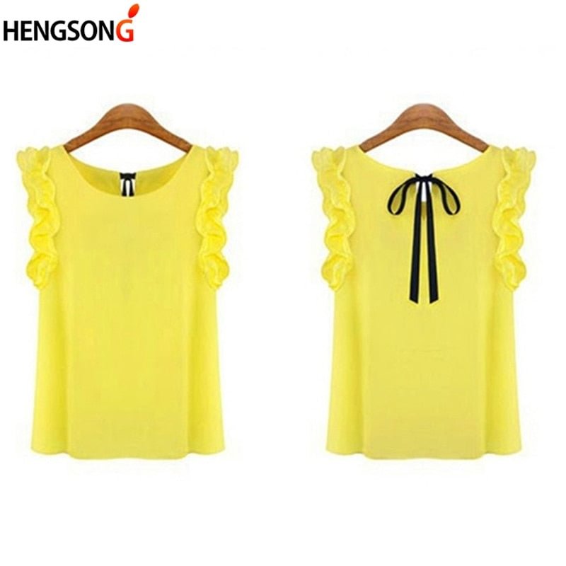 Women's Blouse Summer Fashion Lotus Leaf O-Neck Casual Shirt Ladies Bow Chiffon Blouses Tops S-XL White Yellow