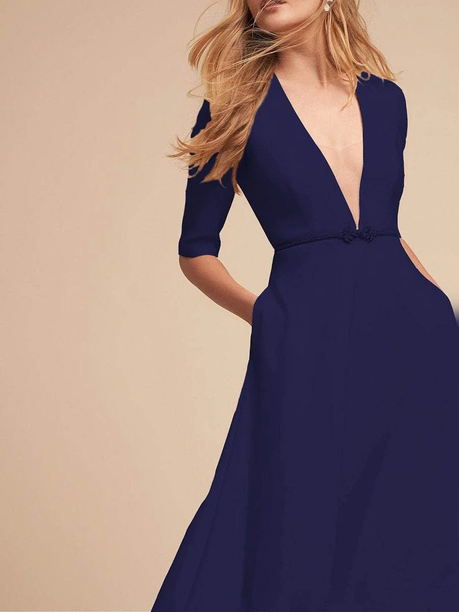 Elegant and simple V-neck mid-length sleeved A-line dress