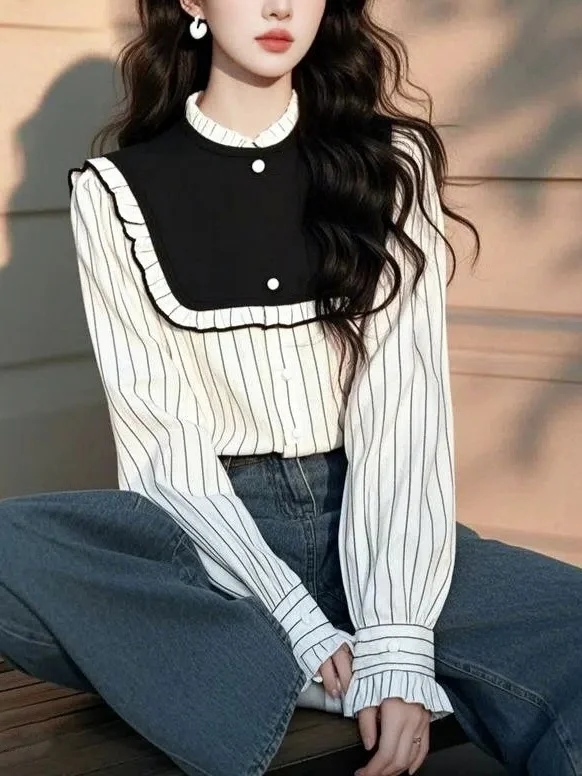 Athvotar Athvotar Spring Han Han Super Beautiful Beautiful Black And White Striped Shirt Female Design Sense Light Luxury To Reduce The Age Of The Gas Blouse